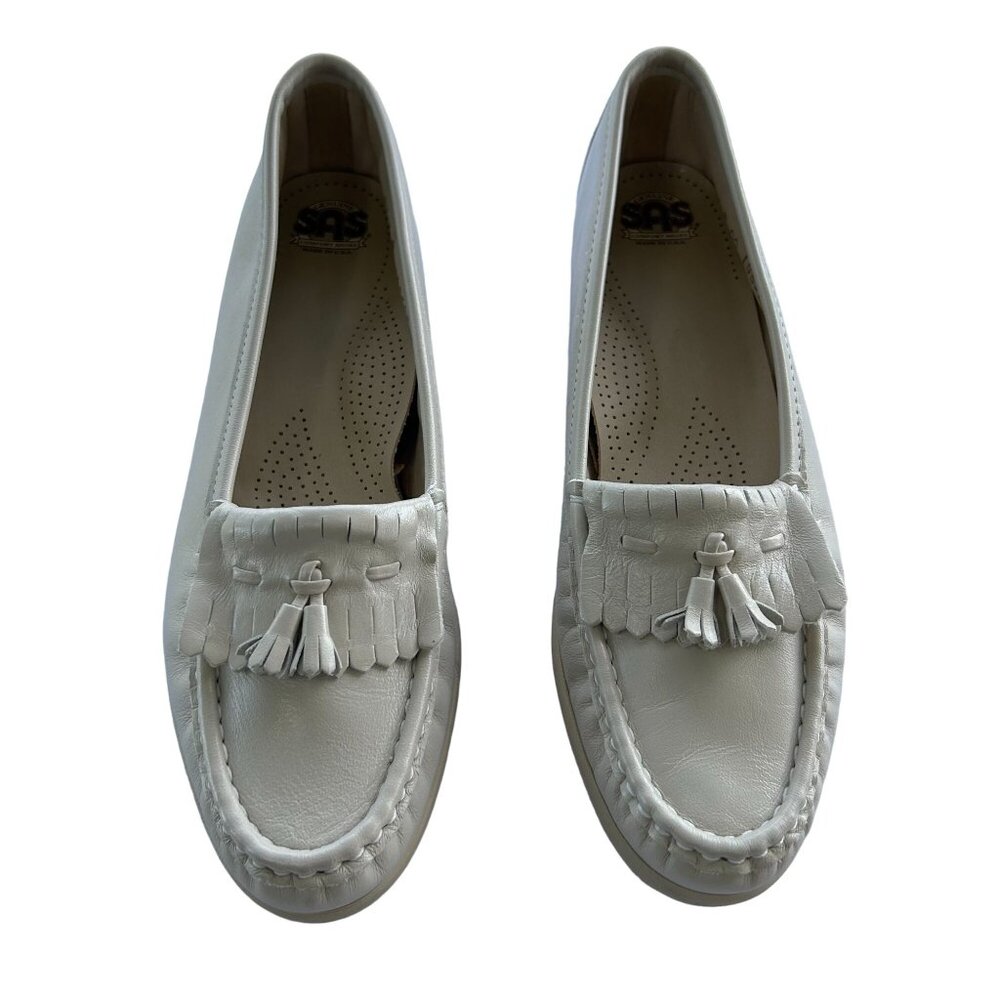 SAS White Tassel Fringe Leather Loafers